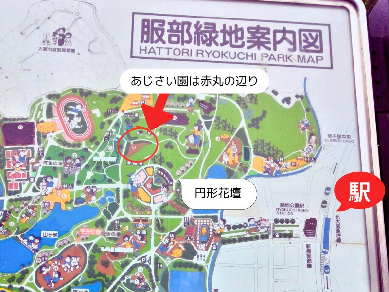 服部緑地公園のあじさい園の場所の地図